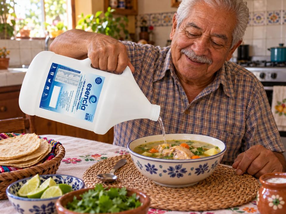 Adulto mayor sazonando su plato de sopa con agua de mar Esencia Marina