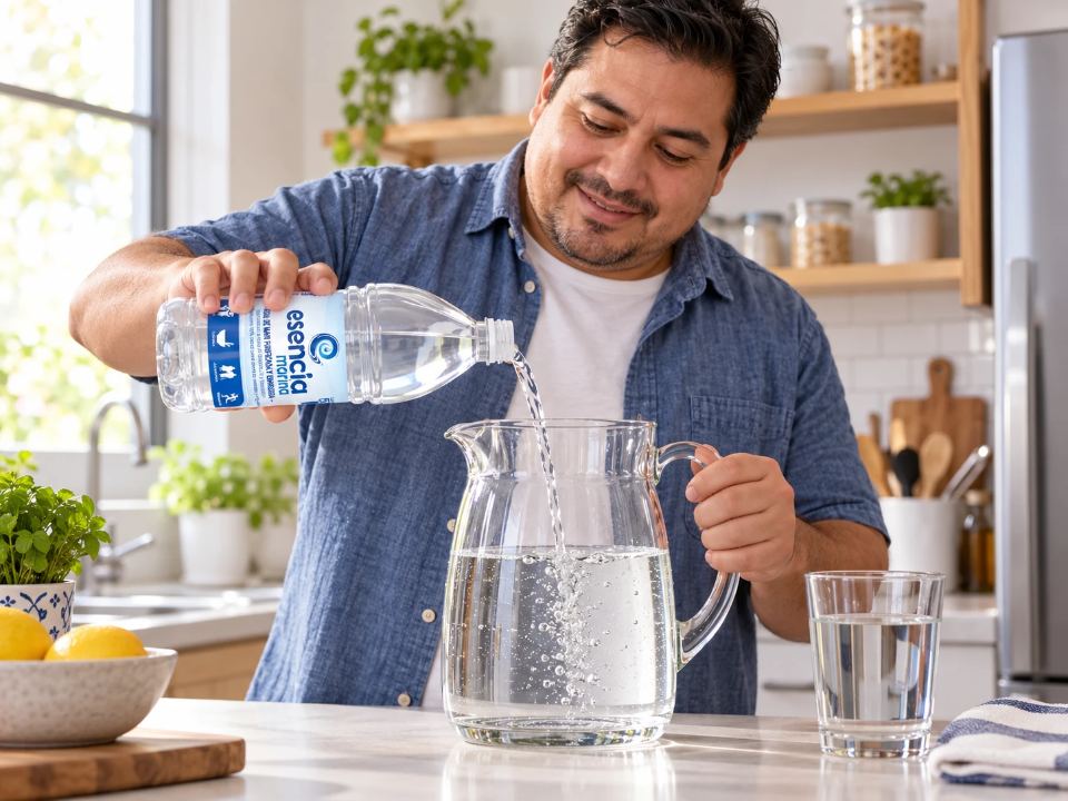 Hombre preparando agua isotónica con una botella de agua de mar Esencia Marina y una jarra de agua