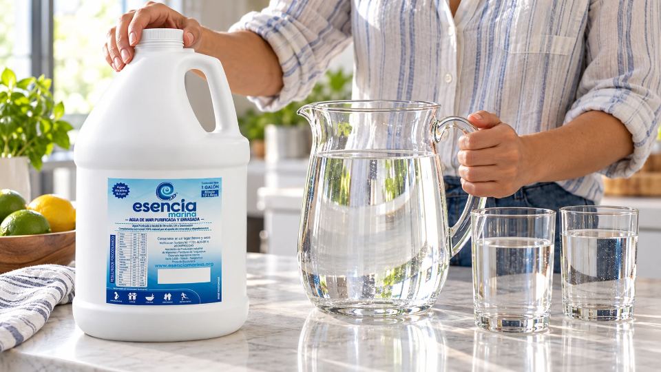 Galón de agua de mar Esencia Marina junto a una jarra de agua para preparar agua isotónica
