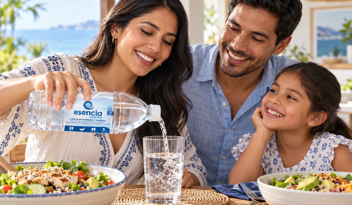 Familia en la mesa usando la botella de 500 ml de agua de mar Esencia Marina