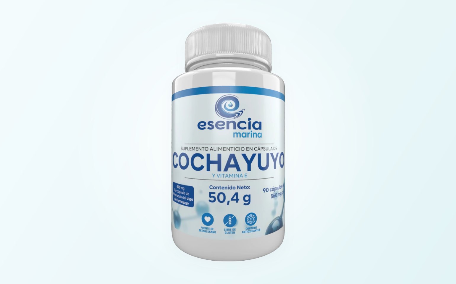 Frasco de cápsulas de cochayuyo con vitamina E Esencia Marina, 90 cápsulas de 560 mg