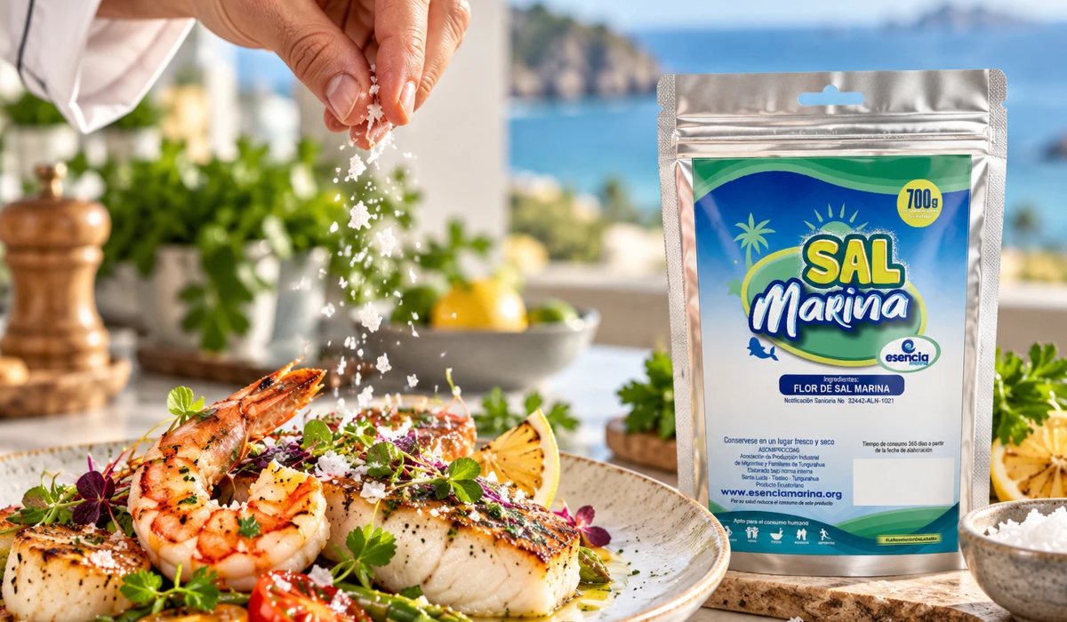 Chef espolvoreando flor de sal marina Esencia Marina sobre pescado y mariscos
