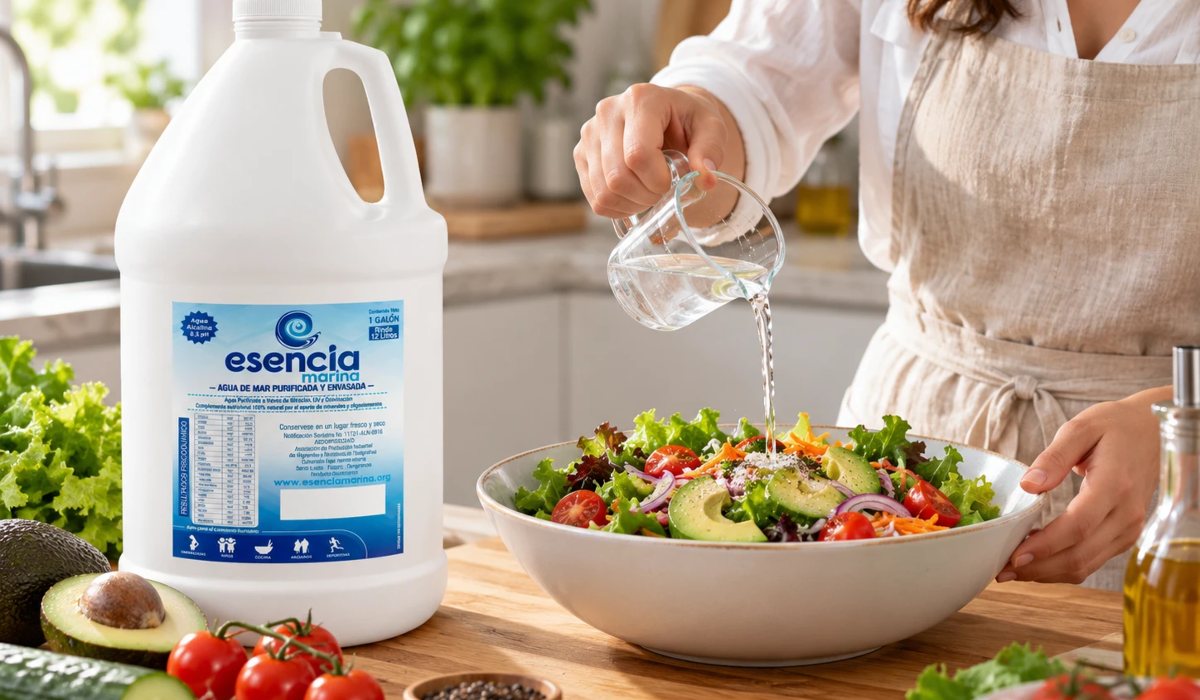 Agua de mar Esencia Marina usada para sazonar una ensalada fresca en la cocina