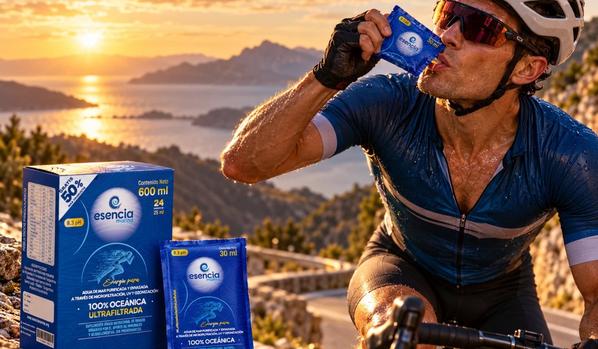 Ciclista tomando un sachet de agua de mar Esencia Marina durante la ruta