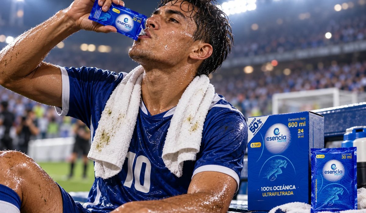 Futbolista tomando un sachet de agua de mar Esencia Marina en el estadio