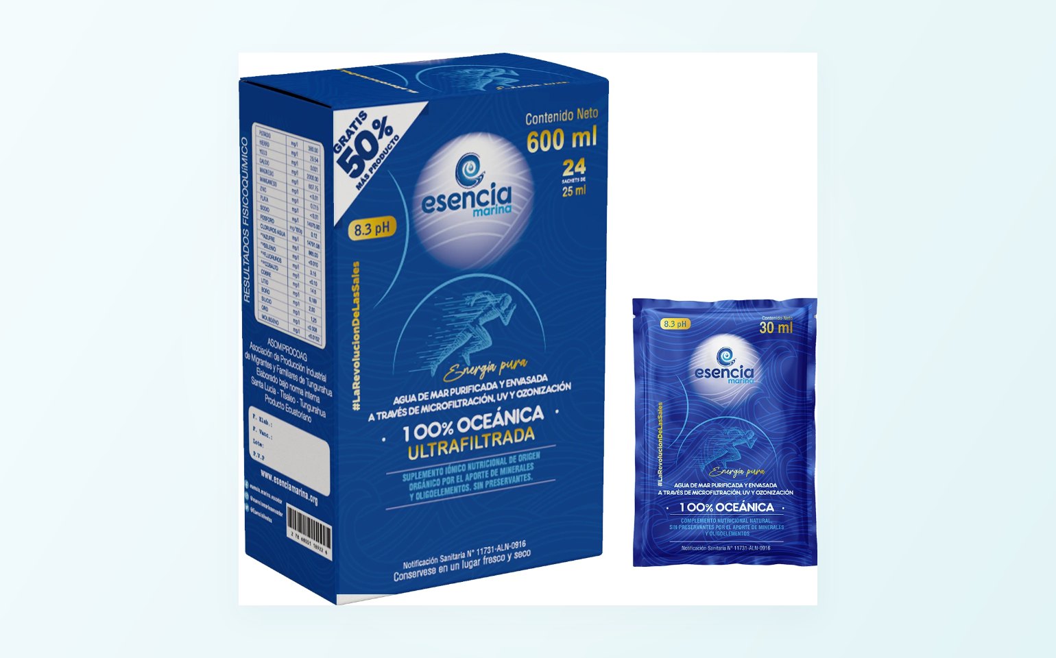 Caja de 24 sachets de 25 ml de agua de mar Esencia Marina para deportistas