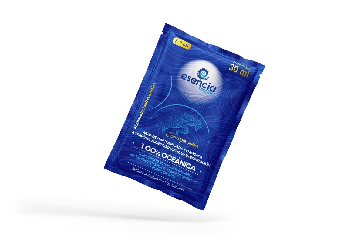 Sachet agua de mar deportistas Esencia Marina Ecuador 25ml electrolitos naturales